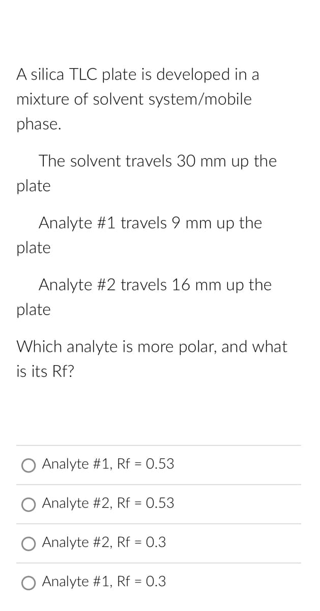 A silica TLC plate is developed in a
mixture of solvent system/mobile
phase.
The solvent travels 30 mm up the
plate
Analyte #1 travels 9 mm up the
plate
Analyte #2 travels 16 mm up the
plate
Which analyte is more polar, and what
is its Rf?
Analyte #1, Rf = 0.53
Analyte #2, Rf = 0.53
Analyte #2, Rf = 0.3
Analyte #1, Rf = 0.3