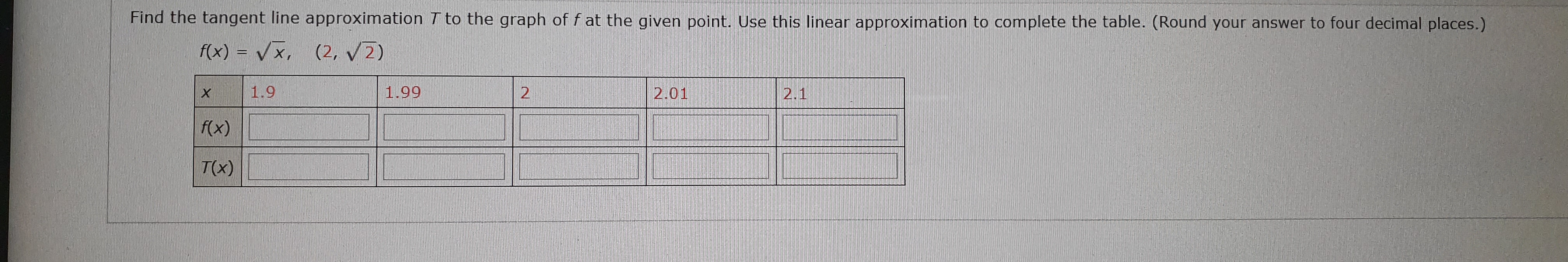 Find the tangent line approximation Tto the graph of f at the given point. Use this linear approximation to complete the table. (Round your answer to four decimal places.)
f(x) = Vx, (2, V2)
1.9
1.99
2.01
2.1
f(x)
T(x)
