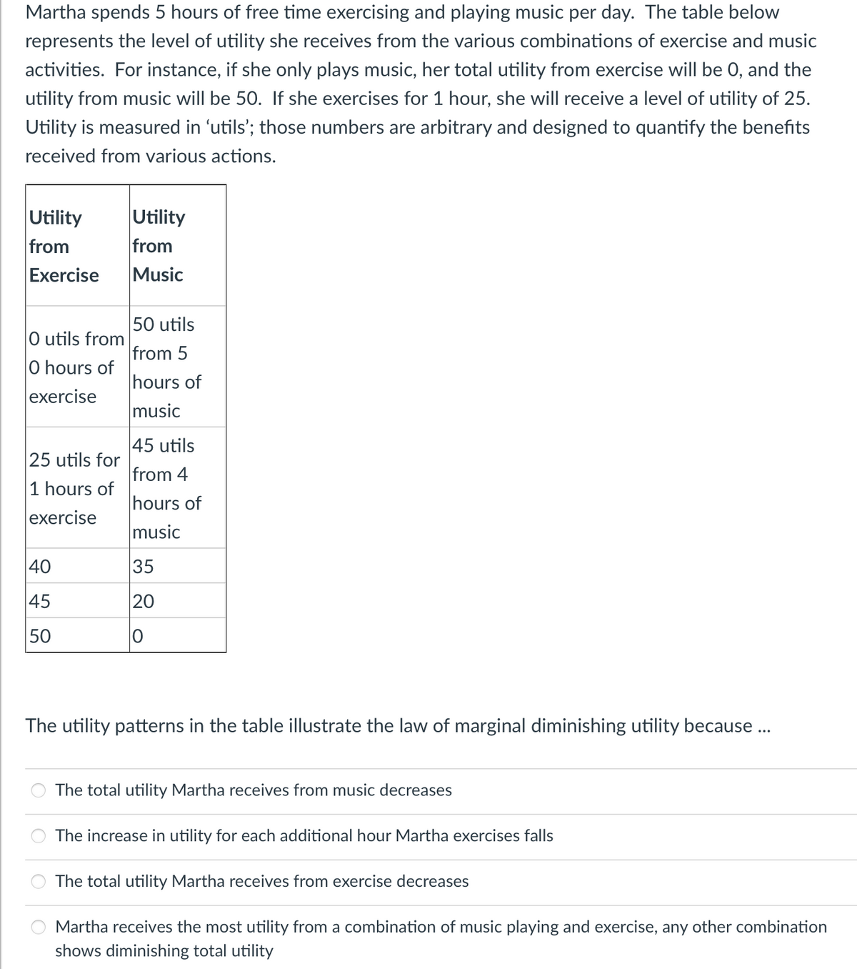 Martha spends 5 hours of free time exercising and playing music per day. The table below
represents the level of utility she receives from the various combinations of exercise and music
activities. For instance, if she only plays music, her total utility from exercise will be 0, and the
utility from music will be 50. If she exercises for 1 hour, she will receive a level of utility of 25.
Utility is measured in 'utils'; those numbers are arbitrary and designed to quantify the benefits
received from various actions.
Utility
Utility
from
from
Exercise
Music
50 utils
O utils from
O hours of
exercise
from 5
hours of
music
25 utils for
1 hours of
45 utils
from 4
hours of
exercise
music
40
35
45
20
50
The utility patterns in the table illustrate the law of marginal diminishing utility because ...
The total utility Martha receives from music decreases
The increase in utility for each additional hour Martha exercises falls
The total utility Martha receives from exercise decreases
Martha receives the most utility from a combination of music playing and exercise, any other combination
shows diminishing total utility
