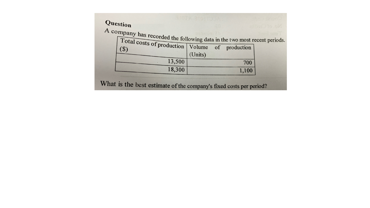 A company has recorded the following data in the two most recent periods.
Question
Total costs of production | Volume
($)
of production
(Units)
13,500
700
18,300
1,100
What is the best estimate of the company's fixed costs per period?
