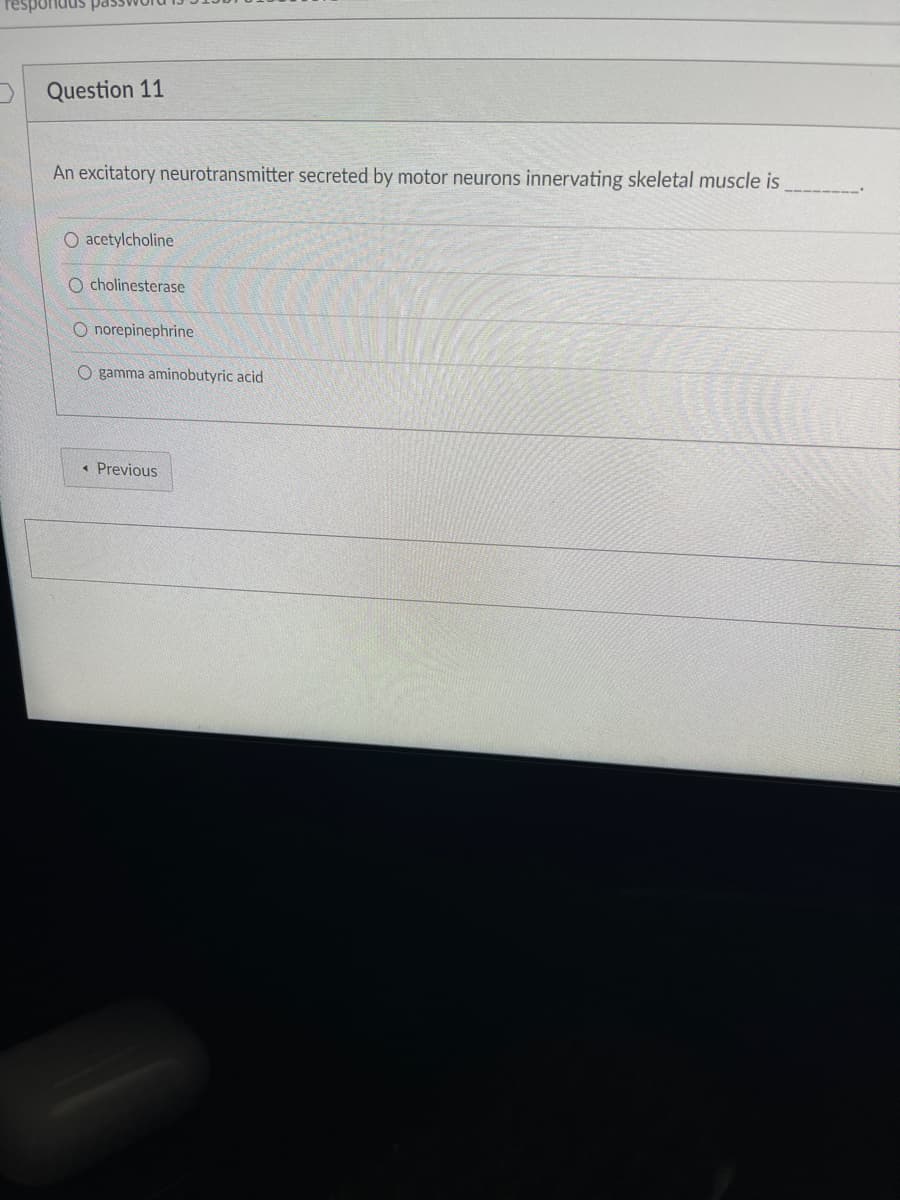 respondus pas
Question 11
An excitatory neurotransmitter secreted by motor neurons innervating skeletal muscle is
O acetylcholine
O cholinesterase
O norepinephrine
O gamma aminobutyric acid
< Previous