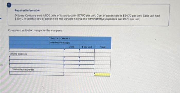 Required information
D'Souza Company sold 11,500 units of its product for $77.00 per unit. Cost of goods sold is $54.70 per unit. Each unit had
$49.40 in variable cost of goods sold and variable selling and administrative expenses are $9.70 per unit.
Compute contribution margin for this company.
Variable expenses
Total variable expenses
D'SOUZA COMPANY
Contribution Margin
Units
$ per unit
Total
