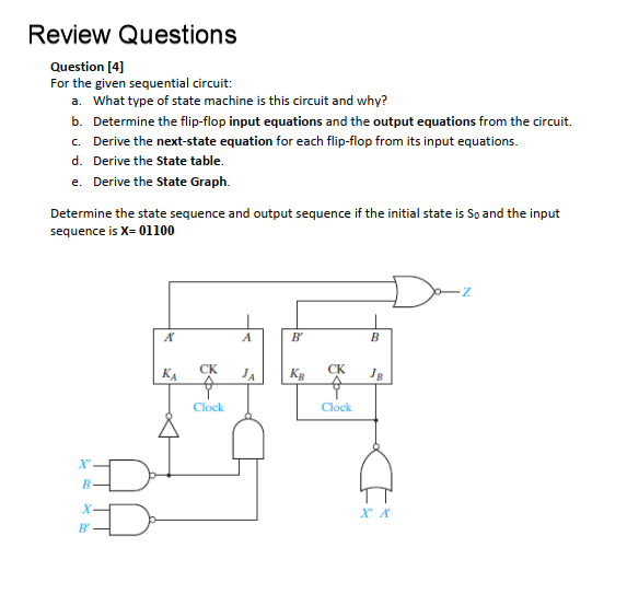 Review Questions
Question [4]
For the given sequential circuit:
a. What type of state machine is this circuit and why?
b. Determine the flip-flop input equations and the output equations from the circuit.
c. Derive the next-state equation for each flip-flop from its input equations.
d. Derive the State table.
e. Derive the State Graph.
Determine the state sequence and output sequence if the initial state is So and the input
sequence is X= 01100
B
B
KA
CK
JA
KB
CK
to
Clock
Clock
X"
X-
X' A
B'
