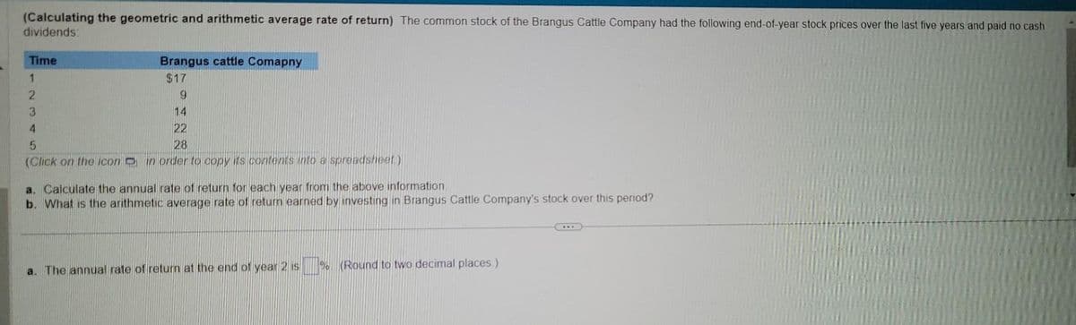(Calculating the geometric and arithmetic average rate of return) The common stock of the Brangus Cattle Company had the following end-of-year stock prices over the last five years and paid no cash
dividends:
Time
1
2
9
3
14
4
22
5
28
(Click on the icon in order to copy its contents into a spreadsheet)
Brangus cattle Comapny
$17
a. Calculate the annual rate of return for each year from the above information.
b. What is the arithmetic average rate of return earned by investing in Brangus Cattle Company's stock over this period?
a. The annual rate of return at the end of year 2 is% (Round to two decimal places.)