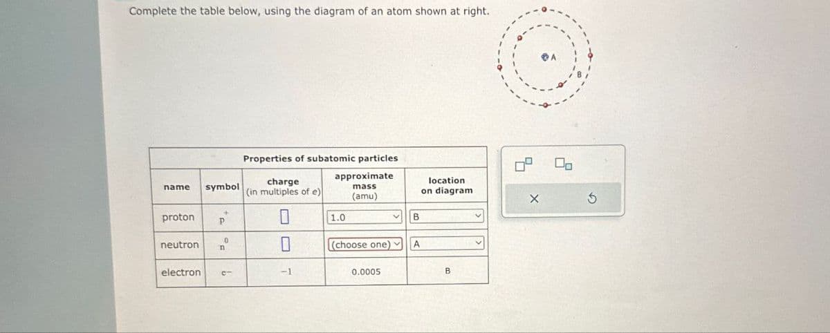 Complete the table below, using the diagram of an atom shown at right.
Properties of subatomic particles
approximate
name
symbol
charge
(in multiples of e)
mass
location
on diagram
(amu)
X
5
proton
P
1.0
B
0
neutron
n
(choose one)
A
electron
e-
-1
0.0005
B