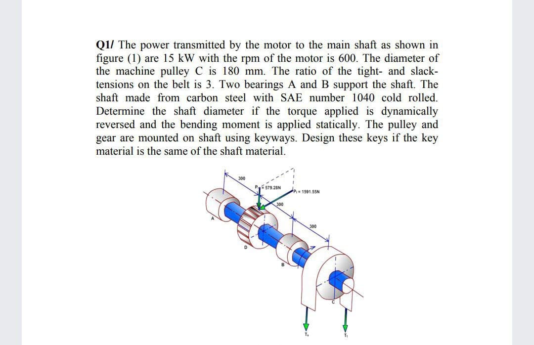 Q1/ The power transmitted by the motor to the main shaft as shown in
figure (1) are 15 kW with the rpm of the motor is 600. The diameter of
the machine pulley C is 180 mm. The ratio of the tight- and slack-
tensions on the belt is 3. Two bearings A and B support the shaft. The
shaft made from carbon steel with SAE number 1040 cold rolled.
Determine the shaft diameter if the torque applied is dynamically
reversed and the bending moment is applied statically. The pulley and
gear are mounted on shaft using keyways. Design these keys if the key
material is the same of the shaft material.
300
P 579.28N
P 1591.55N
300
300
