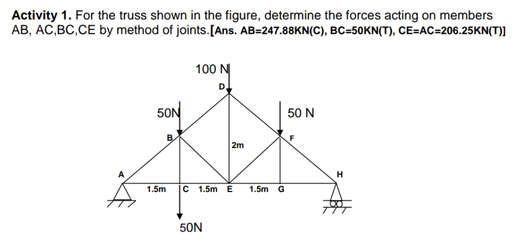 Activity 1. For the truss shown in the figure, determine the forces acting on members
AB, AC,BC,CE by method of joints.[Ans. AB=247.88KN(C), BC=50KN(T), CE=AC=206.25KN(T)]
100 N
D.
50N
50 N
B.
F
2m
1.5m
|C 1.5m E
1.5m
G
50N
