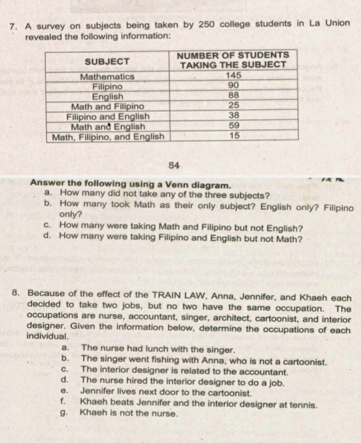 7. A survey on subjects being taken by 250 college students in La Union
revealed the following information:
NUMBER OF STUDENTS
TAKING THE SUBJECT
145
90
88
SUBJECT
Mathematics
Filipino
English
Math and Filipino
Filipino and English
Math and English
Math, Filipino, and English
25
38
59
15
54
Answer the following using a Venn diagram.
a. How many did not take any of the three subjects?
b. How many took Math as their only subject? English only? Filipino
only?
c. How many were taking Math and Filipino but not English?
d. How many were taking Filipino and English but not Math?
8. Because of the effect of the TRAIN LAW, Anna, Jennifer, and Khaeh each
decided to take two jobs, but no two have the same occupation. The
occupations are nurse, accountant, singer, architect, cartoonist, and interior
designer. Given the information below, determine the occupations of each
individual.
The nurse had lunch with the singer.
b.
a.
The singer went fishing with Anna, who is not a cartoonist.
The interior designer is related to the accountant.
d.
C.
The nurse hired the interior designer to do a job.
Jennifer lives next door to the cartoonist.
Khaeh beats Jennifer and the interior designer at tennis.
Khaeh is not the nurse.
е.
f.
g.
