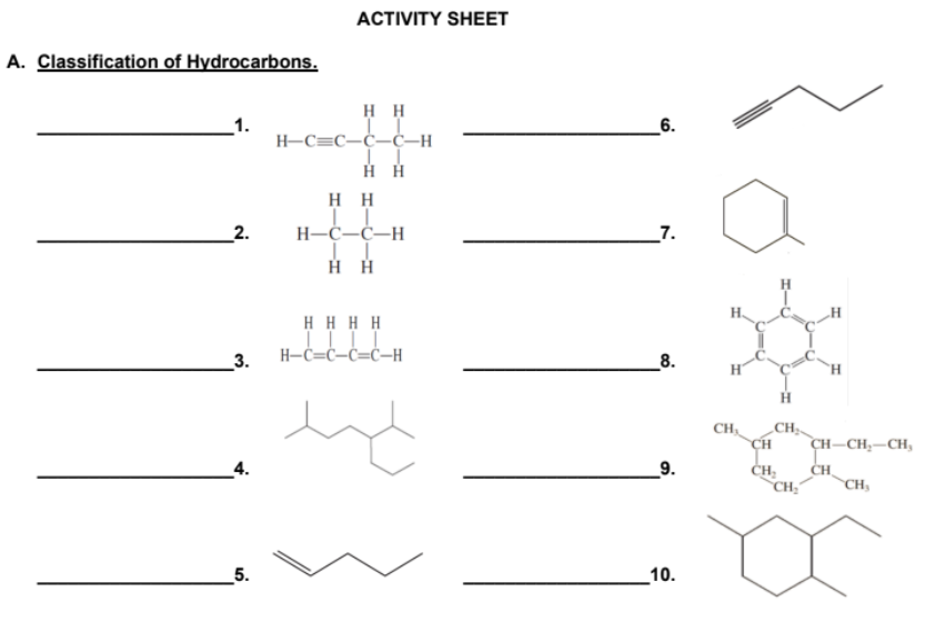A. Classification of Hydrocarbons.
1.
2.
3.
4.
5.
ACTIVITY SHEET
HH
H-C=C-C-C-H
I
HH
HH
H-C-C-H
II
Η Η
HHHH
H-C=C-C=C-H
6.
7.
8.
9.
10.
H
CH₁
H
H
CH
CH CH-CH₂-CH₂
CH₂ CH
CH₂
CH₂