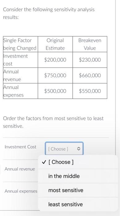 Consider the following sensitivity analysis
results:
Single Factor
being Changed
Investment
cost
Annual
revenue
Annual
expenses
Investment Cost
Annual revenue
Original Breakeven
Estimate
Value
$200,000 $230,000
Annual expenses
$750,000
$500,000
Order the factors from most sensitive to least
sensitive.
[Choose ]
$660,000
✓ [Choose ]
$550,000
in the middle
most sensitive
least sensitive