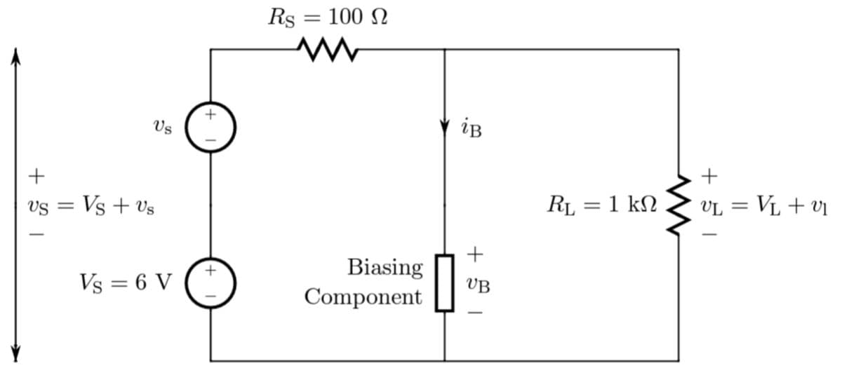 Rs = 100 N
iB
Us
RL = 1 kN
VL = VL + vj
%3|
VS
Vs + Vs
Biasing
Component
VB
Vs = 6 V
