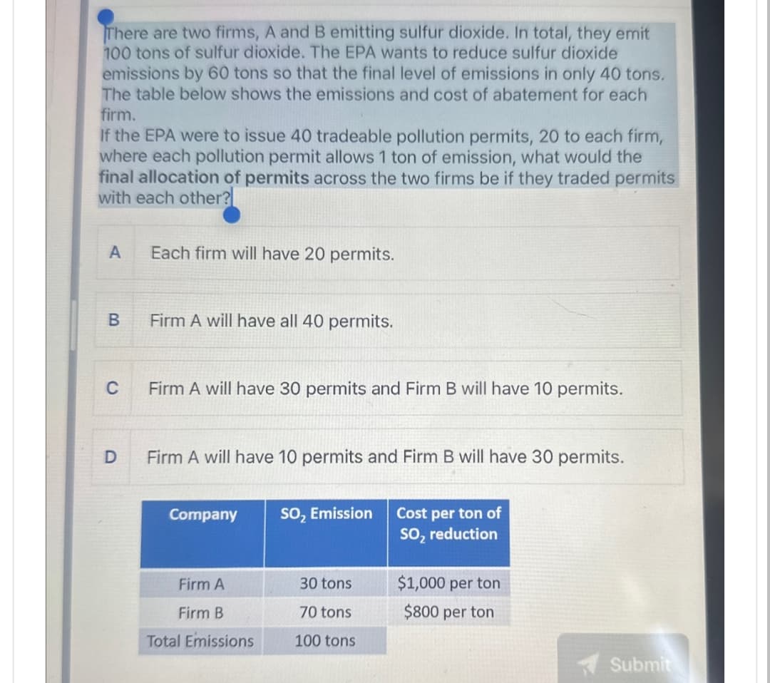 There are two firms, A and B emitting sulfur dioxide. In total, they emit
100 tons of sulfur dioxide. The EPA wants to reduce sulfur dioxide
emissions by 60 tons so that the final level of emissions in only 40 tons.
The table below shows the emissions and cost of abatement for each
firm.
If the EPA were to issue 40 tradeable pollution permits, 20 to each firm,
where each pollution permit allows 1 ton of emission, what would the
final allocation of permits across the two firms be if they traded permits
with each other?
A
Each firm will have 20 permits.
B
Firm A will have all 40 permits.
C
Firm A will have 30 permits and Firm B will have 10 permits.
D
Firm A will have 10 permits and Firm B will have 30 permits.
Company
SO2 Emission
Cost per ton of
SO₂ reduction
Firm A
Firm B
Total Emissions
30 tons
$1,000 per ton
70 tons
100 tons
$800 per ton
Submit