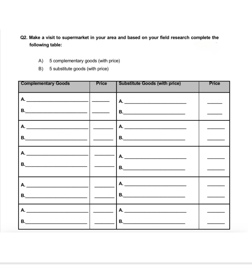 Q2. Make a visit to supermarket in your area and based on your field research complete the
following table:
A)
5 complementary goods (with price)
B)
5 substitute goods (with price)
Complementary Goods
Price
Substitute Goods (with price)
Price
A.
B.
A.
B.
A.
A.
B.
B.
A.
A.
B.
B.
A.
A.
B.
B.
A.
A.
B.
B.