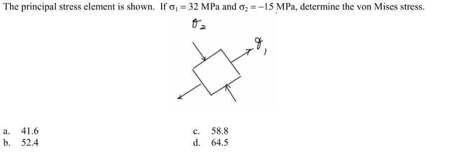 The principal stress element is shown. If o₁ = 32 MPa and o₂ = -15 MPa, determine the von Mises stress.
0₂
☆
a. 41.6
b. 52.4
C.
d.
58.8
64.5