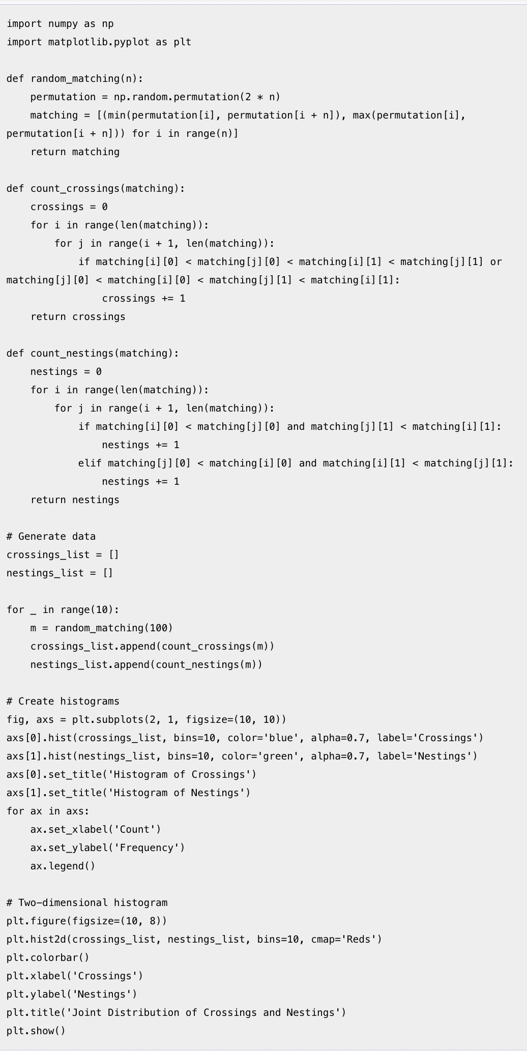 import numpy as np
import matplotlib.pyplot as plt
def random_matching (n):
permutation = np.random. permutation (2 * n)
matching = [(min (permutation [i], permutation [i + n]), max(permutation [i],
permutation [i + n])) for i in range(n)]
return matching
def count_crossings (matching):
crossings = 0
for i in range (len (matching)):
for j in range(i + 1, len (matching)):
if matching [i] [0] < matching [j] [0] < matching [i] [1] < matching [j] [1] or
matching [j] [0] < matching[i][0] < matching [j] [1] < matching[i][1]:
crossings += 1
return crossings
def count_nestings (matching):
nestings = 0
for i in range (len (matching)):
for j in range(i + 1, len (matching)):
if matching [i][0] < matching [j] [0] and matching [j] [1] < matching [i] [1] :
nestings + 1
elif matching [j] [0] < matching [i] [0] and matching [i] [1] < matching [j] [1] :
nestings += 1
return nestings
# Generate data
crossings_list = []
nestings_list = []
for in range(10):
m = random_matching (100)
crossings _list.append(count_crossings (m))
nestings_list.append(count_nestings(m))
# Create histograms
fig, axs = plt.subplots(2, 1, figsize=(10, 10))
axs[0].hist (crossings_list, bins-10, color='blue', alpha=0.7, label='Crossings')
axs[1].hist (nestings_list, bins-10, color='green', alpha=0.7, label='Nestings')
axs[0].set_title('Histogram of Crossings')
axs [1].set_title('Histogram of Nestings')
for ax in axs:
ax.set_xlabel('Count')
ax.set_ylabel('Frequency')
ax. legend()
# Two-dimensional histogram
plt.figure(figsize=(10, 8))
plt.hist2d(crossings_list, nestings_list, bins-10, cmap='Reds')
plt.colorbar ( )
plt.xlabel('Crossings')
plt.ylabel('Nestings')
plt.title('Joint Distribution of Crossings and Nestings')
plt.show()