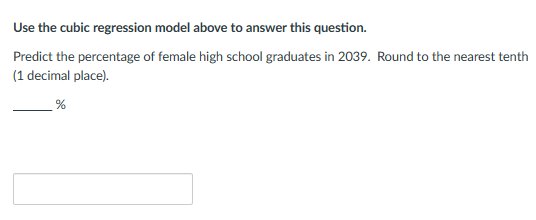 Use the cubic regression model above to answer this question.
Predict the percentage of female high school graduates in 2039. Round to the nearest tenth
(1 decimal place).
%