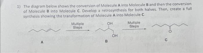 1) The diagram below shows the conversion of Molecule A into Molecule B and then the conversion
of Molecule B into Molecule C. Develop a retrosynthesis for both halves. Then, create a full
synthesis showing the transformation of Molecule A into Molecule C.
A
Multiple
Steps
OH
B
OH
Multiple
Steps
C