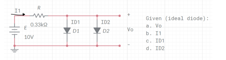 R
I1
Given (ideal diode):
ID1
ID2
0.33k2
E
a. Vo
D1
D2
Vo
b. I1
10V
c. ID1
d. ID2
