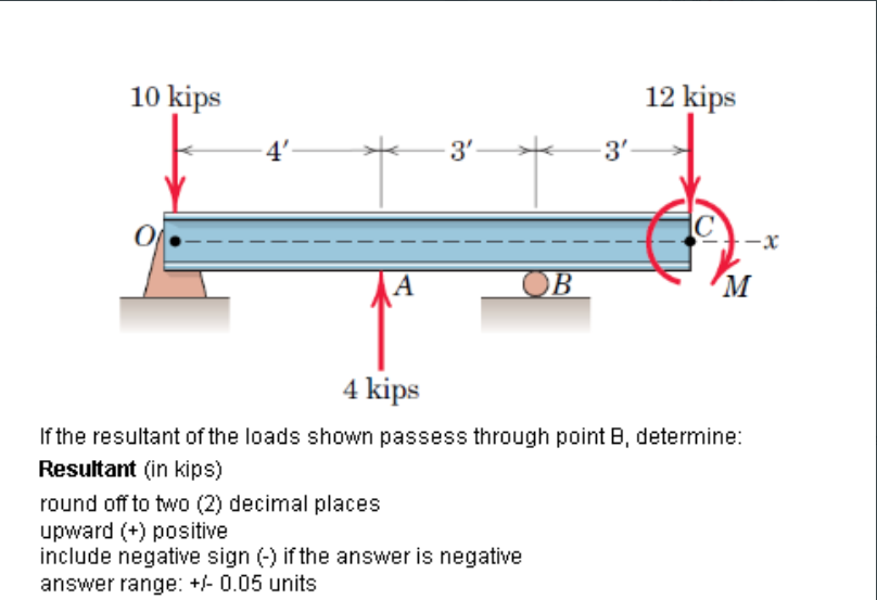 10 kips
OB
M
4 kips
If the resultant of the loads shown passess through point B, determine:
Resultant (in kips)
round off to two (2) decimal places
upward (+) positive
include negative sign (-) if the answer is negative
answer range: +/- 0.05 units
4'-
3'-
*
12 kips
-3'-
-x