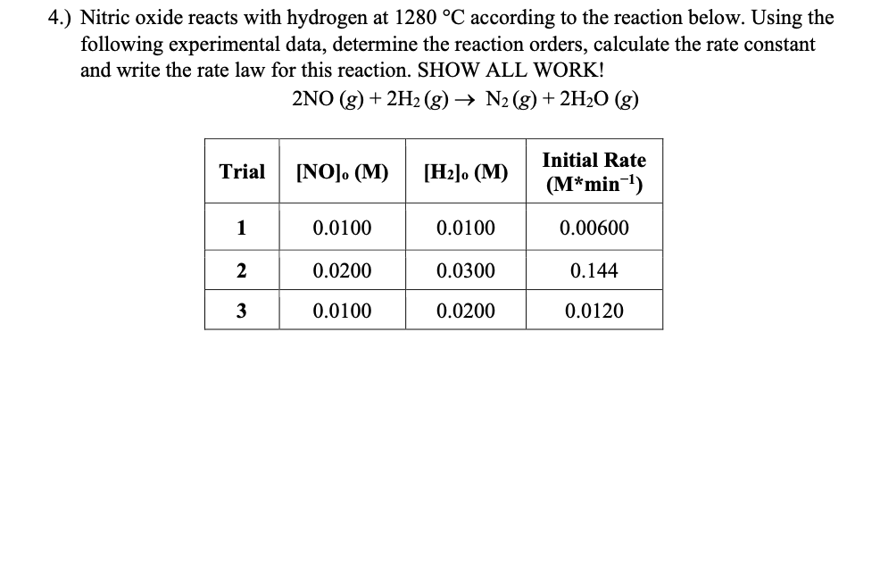 4.) Nitric oxide reacts with hydrogen at 1280 °C according to the reaction below. Using the
following experimental data, determine the reaction orders, calculate the rate constant
and write the rate law for this reaction. SHOW ALL WORK!
2NO (g) + 2H2 (g) → N2 (g) + 2H2O (g)
Initial Rate
Trial
[NO], (M)
[Hz]o (M)
(M*min-1)
0.0100
0.0100
0.00600
0.0200
0.0300
0.144
3
0.0100
0.0200
0.0120
