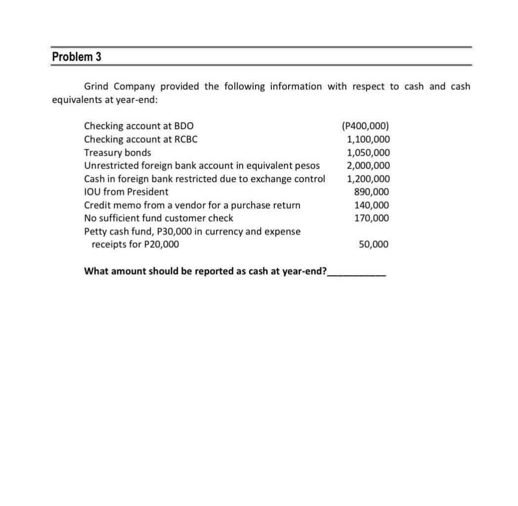 Problem 3
Grind Company provided the following information with respect to cash and cash
equivalents at year-end:
Checking account at BDO
Checking account at RCBC
Treasury bonds
Unrestricted foreign bank account in equivalent pesos
Cash in foreign bank restricted due to exchange control
IOU from President
Credit memo from a vendor for a purchase return
No sufficient fund customer check
Petty cash fund, P30,000 in currency and expense
receipts for P20,000
What amount should be reported as cash at year-end?
(P400,000)
1,100,000
1,050,000
2,000,000
1,200,000
890,000
140,000
170,000
50,000