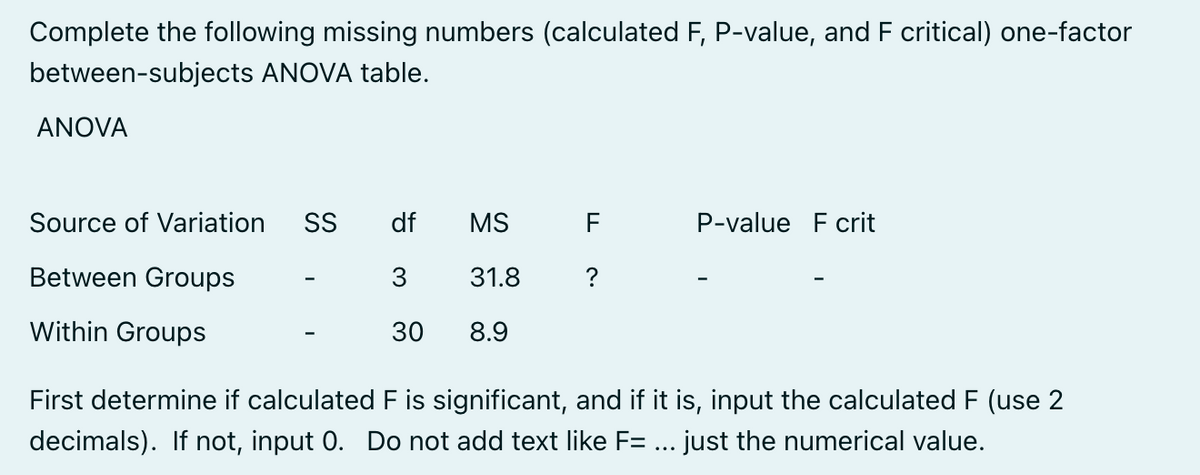 Complete the following missing numbers (calculated F, P-value, and F critical) one-factor
between-subjects ANOVA table.
ANOVA
Source of Variation SS
df MS
F
P-value F crit
Between Groups
3
31.8
?
Within Groups
30
8.9
First determine if calculated F is significant, and if it is, input the calculated F (use 2
decimals). If not, input 0. Do not add text like F= ... just the numerical value.