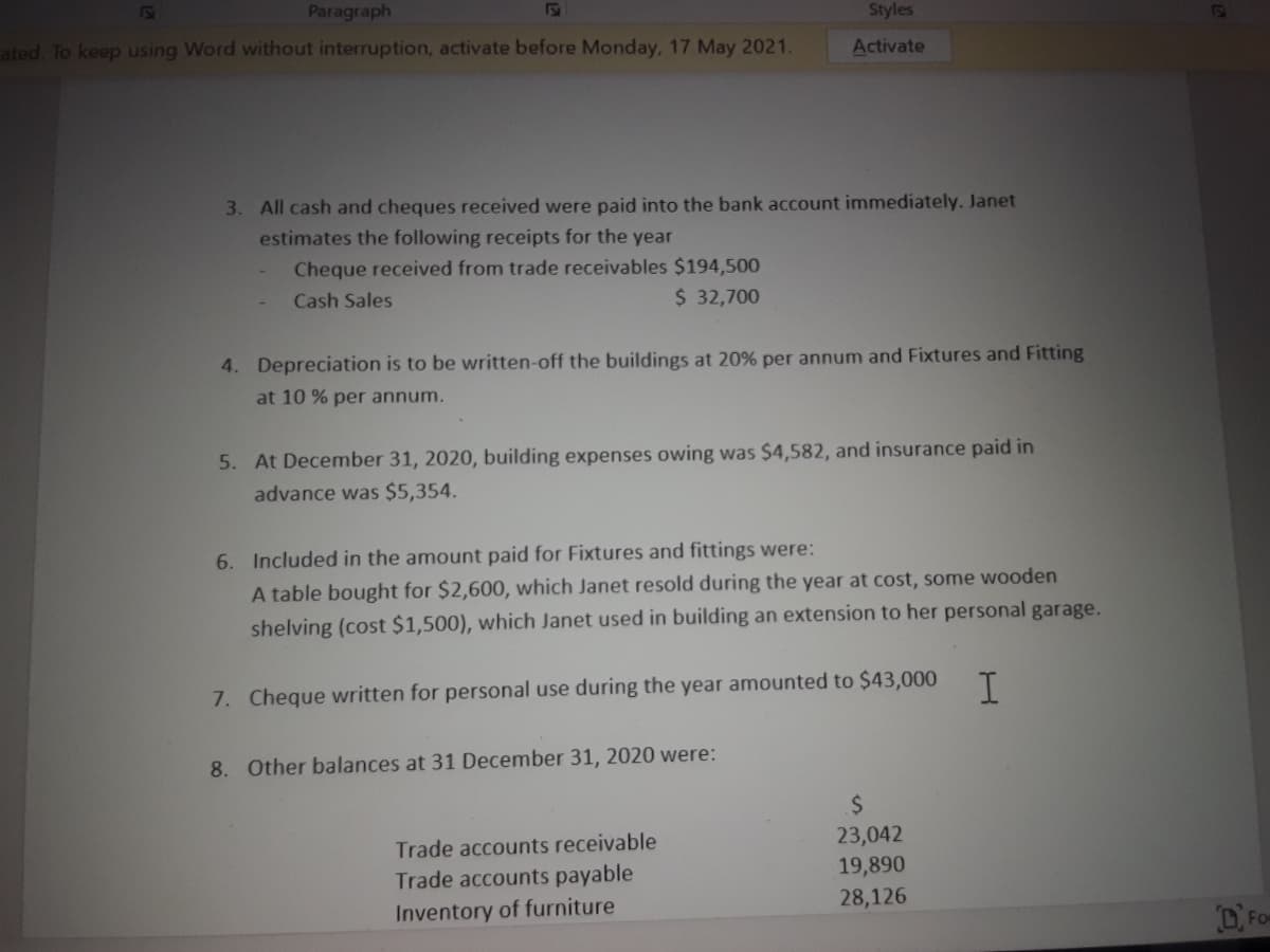 12)
Paragraph
Styles
ated To keep using Word without interruption, activate before Monday, 17 May 2021.
Activate
3. All cash and cheques received were paid into the bank account immediately. Janet
estimates the following receipts for the year
Cheque received from trade receivables $194,500
$ 32,700
Cash Sales
4. Depreciation is to be written-off the buildings at 20% per annum and Fixtures and Fitting
at 10 % per annum.
5. At December 31, 2020, building expenses owing was $4,582, and insurance paid in
advance was $5,354.
6. Included in the amount paid for Fixtures and fittings were:
A table bought for $2,600, which Janet resold during the year at cost, some wooden
shelving (cost $1,500), which Janet used in building an extension to her personal garage.
7. Cheque written for personal use during the year amounted to $43,000
I.
8. Other balances at 31 December 31, 2020 were:
23,042
19,890
28,126
Trade accounts receivable
Trade accounts payable
Inventory of furniture
DFom
