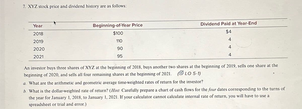 7. XYZ stock price and dividend history are as follows:
Year
2018
2019
2020
2021
Beginning-of-Year Price
$100
110
90
95
Dividend Paid at Year-End
$4
4
4
4
An investor buys three shares of XYZ at the beginning of 2018, buys another two shares at the beginning of 2019, sells one share at the
beginning of 2020, and sells all four remaining shares at the beginning of 2021. (LO 5-1)
a. What are the arithmetic and geometric average time-weighted rates of return for the investor?
b. What is the dollar-weighted rate of return? (Hint: Carefully prepare a chart of cash flows for the four dates corresponding to the turns of
the year for January 1, 2018, to January 1, 2021. If your calculator cannot calculate internal rate of return, you will have to use a
spreadsheet or trial and error.)