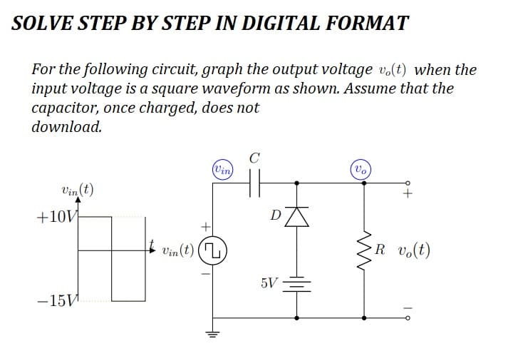 SOLVE STEP BY STEP IN DIGITAL FORMAT
For the following circuit, graph the output voltage vo(t) when the
input voltage is a square waveform as shown. Assume that the
capacitor, once charged, does not
download.
+10V
-15И
**
Vin (t) (
(Vin)
C
DA
5V
Vo
www
+
R vo(t)