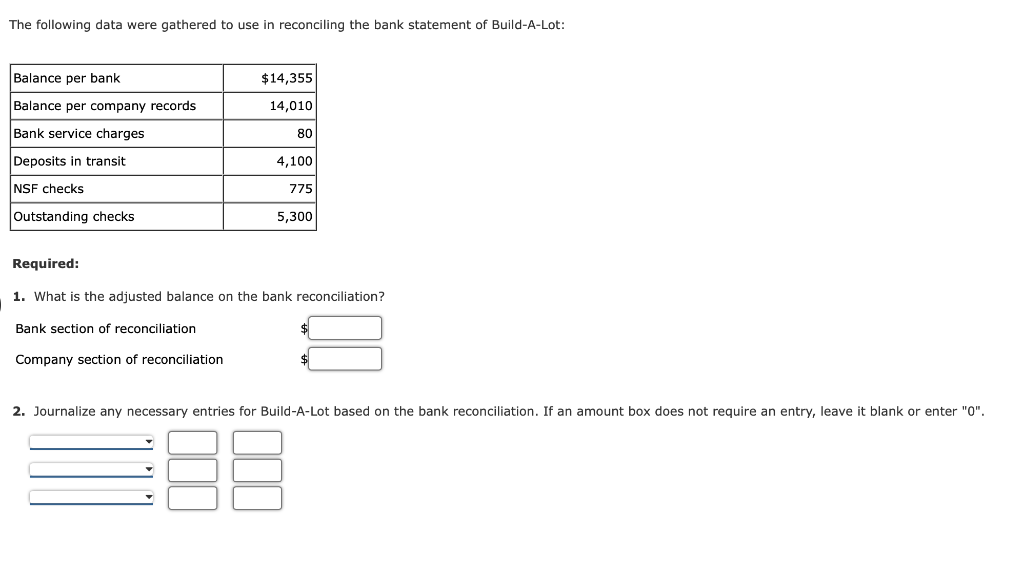 The following data were gathered to use in reconciling the bank statement of Build-A-Lot:
Balance per bank.
Balance per company records
Bank service charges
Deposits in transit
NSF checks
Outstanding checks
$14,355
14,010
80
4,100
775
5,300
Required:
1. What is the adjusted balance on the bank reconciliation?
Bank section of reconciliation
Company section of reconciliation
2. Journalize any necessary entries for Build-A-Lot based on the bank reconciliation. If an amount box does not require an entry, leave it blank or enter "0".