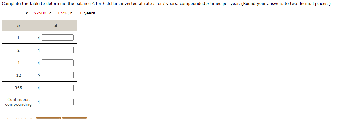 Complete the table to determine the balance A for P dollars invested at rater for t years, compounded n times per year. (Round your answers to two decimal places.)
P = $2500, r = 3.5%, t = 10 years
n
1
2
4
12
365
Continuous
compounding
$
$
$