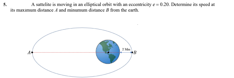 5.
A sattelite is moving in an elliptical orbit with an eccentricity e = 0.20. Determine its speed at
its maximum distance A and minumum distance B from the earth.
2 Mm
B
A
