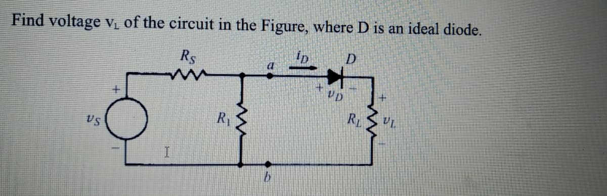 Find voltage v₁ of the circuit in the Figure, where D is an ideal diode.
Rs
US
+
I
R₁
VD
D
RL
VL