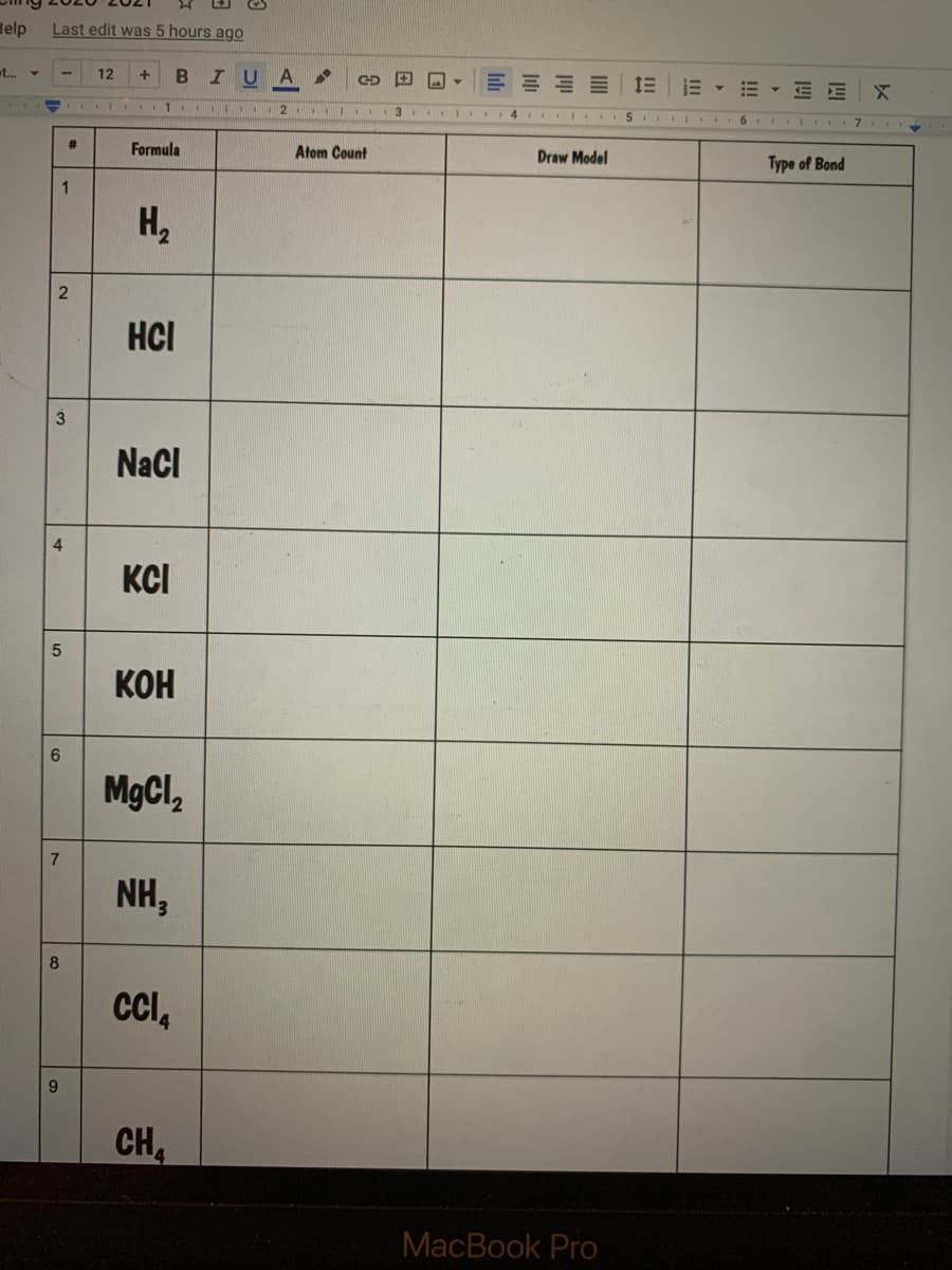 Help
Last edit was 5 hours ago
t. -
12
+
B IU
A
E E E E EE - E - E E
I 1 1 I
2 I3 I.. I4
7
#3
Formula
Atom Count
Draw Model
Type of Bond
1
H,
2
HCI
NaCl
4
KCI
KOH
MgCl,
NH,
8
CH
MacBook Pro
