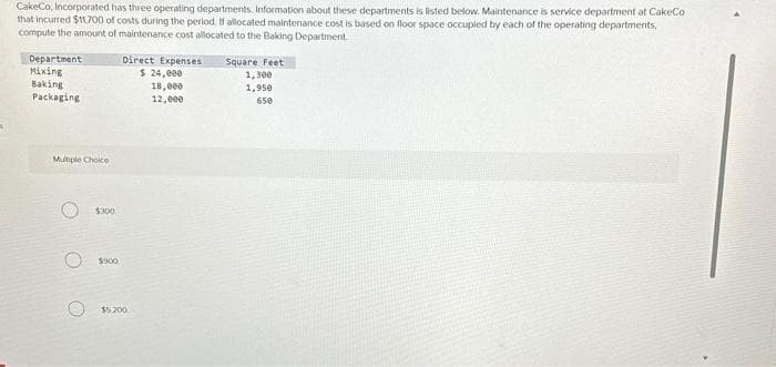 CakeCo, Incorporated has three operating departments. Information about these departments is listed below. Maintenance is service department at CakeCo
that incurred $11,700 of costs during the period. If allocated maintenance cost is based on floor space occupied by each of the operating departments.
compute the amount of maintenance cost allocated to the Baking Department
Department
Mixing
Baking
Packaging
Multiple Choice
O
$300
Direct Expenses
$ 24,000
18,000
12,000
$900,0
$5.200
Square Feet
1,300
1,950
650