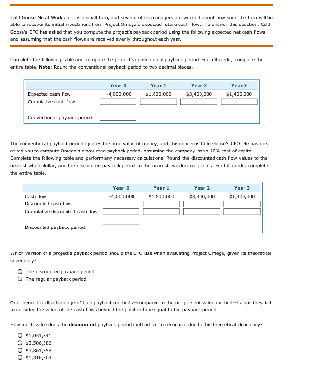Cold Goose Metal Works Inc. is a small firm, and several of its managers are worried about how soon the firm will be
able to recover its initial investment from Project Omega's expected future cash flows. To answer this question, Cold
Goose's CFO has asked that you compute the project's payback period using the following expected net cash flows
and assuming that the cash flows are received evenly throughout each year.
Complete the following table and compute the project's conventional payback period. For full credit, complete the
entire table. Note: Round the conventional payback period to two decimal places.
Year 0
Year 1
Year 2
Year 3
4,000,000
$1,600,000
$3,400,000
Expected cash flow
$1,400,000
Cumulative cash flow
Conventional payback period:
The conventional payback period ignores the time value of money, and this concerns Cold Goose's CFO. He has now
asked you to compute Omega's discounted payback period, assuming the company has a 10% cost of capital.
Complete the following table and perform any necessary calculations. Round the discounted cash flow values to the
nearest whole dollar, and the discounted payback period to the nearest two decimal places. For full credit, complete
the entire table.
Year 0
Year 1
Year 2
Year 3
Cash flow
4,000,000
$1,600,000
$3,400,000
$1,400,000
Discounted cash flow
Cumulative discounted cash flow
Discounted payback period:
Which version of a project's payback period should the CFO use when evaluating Project Omega, given its theoretical
superiority?
O The discounted payback period
The regular payback period
One theoretical disadvantage of both payback methods-compared to the net present value method-is that they fail
to consider the value of the cash flows beyond the point in time equal to the payback period.
How much value does the discounted payback period method fail to recognize due to this theoretical deficiency?
O $1,051,841
O $2,506,386
O $3,861,758
O $1,316,303
O O
