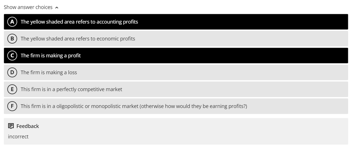 Show answer choices
The yellow shaded area refers to accounting profits
B) The yellow shaded area refers to economic profits
C) The firm is making a profit
(D) The firm is making a loss
This firm is in a perfectly competitive market
F This firm is in a oligopolistic or monopolistic market (otherwise how would they be earning profits?)
Feedback
incorrect