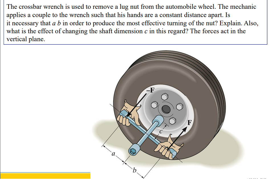 The crossbar wrench is used to remove a lug nut from the automobile wheel. The mechanic
applies a couple to the wrench such that his hands are a constant distance apart. Is
it necessary that a b in order to produce the most effective turning of the nut? Explain. Also,
what is the effect of changing the shaft dimension c in this regard? The forces act in the
vertical plane.
b.
-F
F
