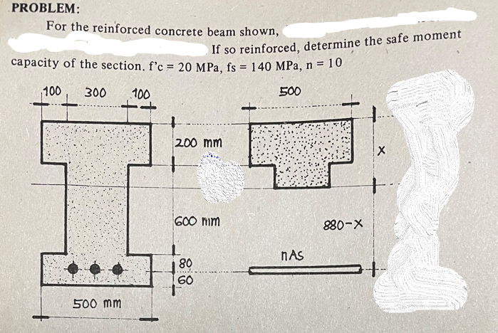 PROBLEM:
For the reinforced concrete beam shown,
If so reinforced, determine the safe moment
capacity of the section, f'c = 20 MPa, fs = 140 MPa, n = 10
100 300 100
500
200 mm
X
600 mm
80
60
500 mm
nAs
880-X