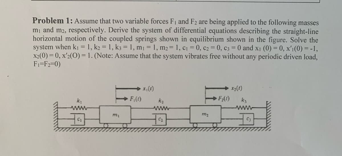 Problem 1: Assume that two variable forces F₁ and F2 are being applied to the following masses
m₁ and m2, respectively. Derive the system of differential equations describing the straight-line
horizontal motion of the coupled springs shown in equilibrium shown in the figure. Solve the
system when k₁ = 1, k2 = 1, k3 = 1, m₁ = 1, m2 = 1, C₁ = 0, C2 = 0, C3 = 0 and x₁ (0) = 0, x'ı (0) = -1,
X2(0)=0, x'2(O) = 1. (Note: Assume that the system vibrates free without any periodic driven load,
F₁-F₂=0)
x₁ (1)
x₂ (1)
C₁
m₁
F₁(t)
k₂
www
C₂
m₂
> F₂(1)
k₂
www
C₁