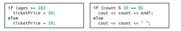 if (ages >= 16)
20;
if (count % 10
cout << count << endl;
else
0)
ticketPrice
else
ticketPrice
10;
cout << count << " ";
