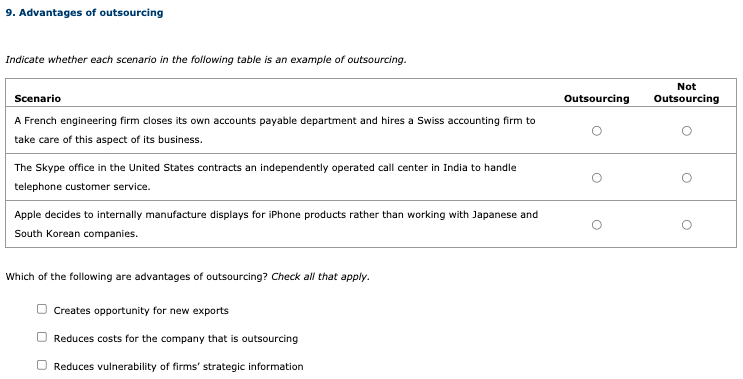 9. Advantages of outsourcing
Indicate whether each scenario in the following table is an example of outsourcing.
Not
Scenario
Outsourcing
Outsourcing
A French engineering firm closes its own accounts payable department and hires a Swiss accounting firm to
take care of this aspect of its business.
The Skype office in the United States contracts an independently operated call center in India to handle
telephone customer service.
Apple decides to internally manufacture displays for iPhone products rather than working with Japanese and
South Korean companies.
Which of the following are advantages of outsourcing? Check all that apply.
Creates opportunity for new exports
Reduces costs for the company that is outsourcing
O Reduces vulnerability of firms' strategic information
