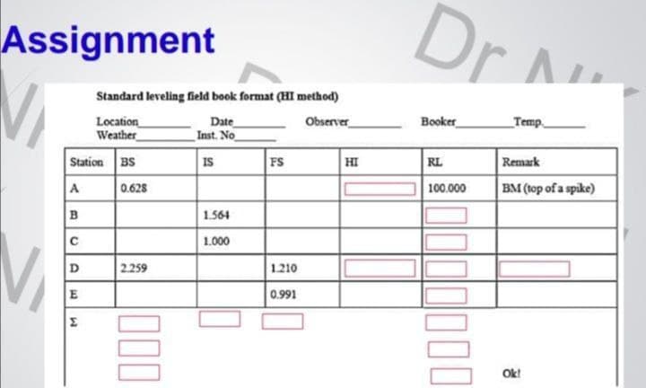 Assignment
M
M
Station BS
A
B
с
D
E
Standard leveling field book format (HI method)
Date
Observer
Location
Weather
Inst. No
IS
M
0.628
2.259
000
1.564
1.000
FS
1.210
0.991
HI
Dr
Booker
RL
100.000
0000000
Temp
Remark
BM (top of a spike)
Ok!