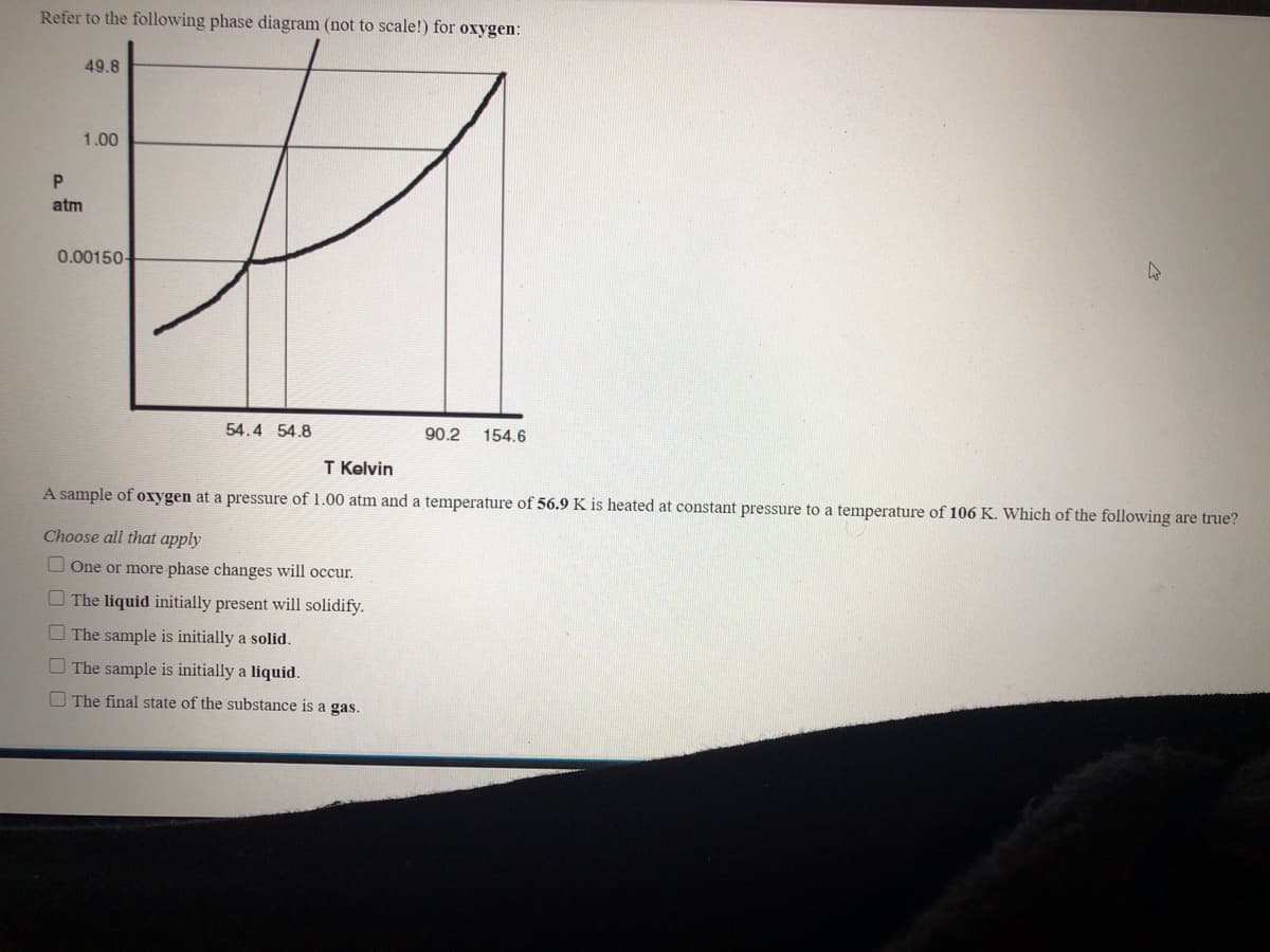 Refer to the following phase diagram (not to scale!) for oxygen:
49.8
1.00
atm
0.00150-
54.4 54.8
90.2
154.6
T Kelvin
A sample of oxygen at a pressure of 1.00 atm and a temperature of 56.9 K is heated at constant pressure to a temperature of 106 K. Which of the following are true?
Choose all that apply
O One or more phase changes will occur.
O The liquid initially present will solidify.
O The sample is initially a solid.
O The sample is initially a liquid.
O The final state of the substance is a gas.
