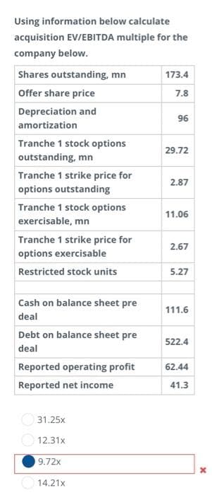 Using information below calculate
acquisition EV/EBITDA multiple for the
company below.
Shares outstanding, mn
Offer share price
Depreciation and
amortization
Tranche 1 stock options
outstanding, mn
Tranche 1 strike price for
options outstanding
Tranche 1 stock options
exercisable, mn
Tranche 1 strike price for
options exercisable
Restricted stock units
Cash on balance sheet pre
deal
Debt on balance sheet pre
deal
Reported operating profit
Reported net income
31.25x
12.31x
9.72x
14.21x
173.4
7.8
96
29.72
2.87
11.06
2.67
5.27
111.6
522.4
62.44
41.3
x