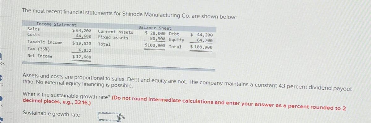 The most recent financial statements for Shinoda Manufacturing Co. are shown below.
Income Statement
Sales
Balance Sheet
Costs
$ 64,200
44,680
Current assets
Fixed assets
Taxable income
Tax (35%)
$19,520
6,832
Total
$ 28,000 Debt
80,900 Equity
$108,900 Total
$ 44,200
64,700
$108,900
Net Income
$ 12,688
ok
ht
Assets and costs are proportional to sales. Debt and equity are not. The company maintains a constant 43 percent dividend payout
ratio. No external equity financing is possible.
What is the sustainable growth rate? (Do not round intermediate calculations and enter your answer as a percent rounded to 2
decimal places, e.g., 32.16.)
Sustainable growth rate
1%