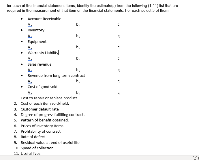 for each of the financial statement items, identify the estimate(s) from the following (1-11) list that are
required in the measurement of that item on the financial statements. For each select 3 of them.
Account Receivable
A.
b,
C,
• Inventory
A.
b,
C,
Equipment
A.
b,
C,
Warranty Liability
A.
b,
C,
Sales revenue
А,
b,
C,
Revenue from long term contract
b,
A.
Cost of good sold.
C,
A.
C,
1. Cost to repair or replace product.
2. Cost of each item sold/held.
3. Customer default rate
4. Degree of progress fulfilling contract.
5. Pattern of benefit obtained.
6. Prices of inventory items
7. Profitability of contract
8. Rate of defect
9. Residual value at end of useful life
10. Speed of collection
11. Useful lives
