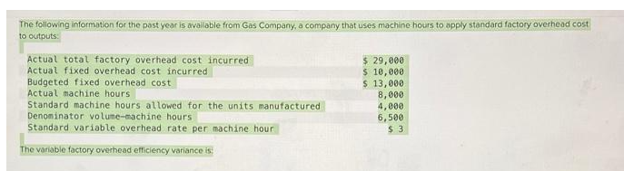 The following information for the past year is available from Gas Company, a company that uses machine hours to apply standard factory overhead cost
to outputs:
Actual total factory overhead cost incurred
Actual fixed overhead cost incurred
Budgeted fixed overhead cost
Actual machine hours
Standard machine hours allowed for the units manufactured
Denominator volume-machine hours
Standard variable overhead rate per machine hour
The variable factory overhead efficiency variance is
$ 29,000
$ 10,000
$ 13,000
8,000
4,000
6,500
$ 3.