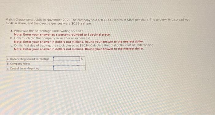 Match Group went public in November 2021. The company sold 17,833,333 shares at $15.6 per share. The underwriting spread was
$2.46 a share, and the direct expenses were $0.39 a share.
a. What was the percentage underwriting spread?
Note: Enter your answer as a percent rounded to 1 decimal place.
b. How much did the company raise after all expenses?
Note: Enter your answer in dollars not millions. Round your answer to the nearest dollar.
c. On its first day of trading, the stock closed at $2014. Calculate the total dollar cost of underpricing
Note: Enter your answer in dollars not millions. Round your answer to the nearest dollar.
a. Underwriting spread percentage
b. Company raised
c. Cost of the underpricing
%