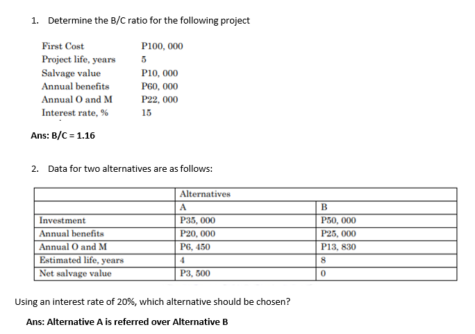 1. Determine the B/C ratio for the following project
First Cost
P100, 000
Project life, years
5
Salvage value
Annual benefits
P10, 000
P60, 000
Annual O and M
Interest rate, %
P22, 000
15
Ans: B/C = 1.16
2. Data for two alternatives are as follows:
Alternatives
A
В
Investment
Р35, 000
P50, 000
Annual benefits
P20, 000
P25, 000
Annual O and M
Estimated life, years
Net salvage value
Ре, 450
P13, 830
4
8.
Р3, 500
Using an interest rate of 20%, which alternative should be chosen?
Ans: Alternative A is referred over Alternative B
